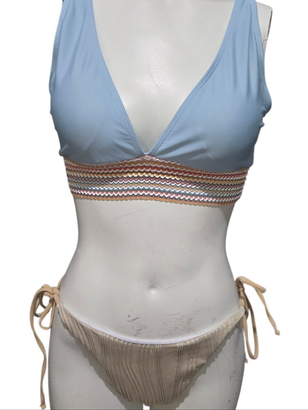 Unbranded Blue Multicolor Crochet Trim Bikini Set Swimsuit Top L Bottom One Size